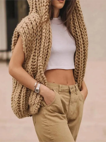 Women Fashion Solid Hooded Sweater Vest Elegant Sleeveless Loose Knitting Cardigan 2023 Autumn Office Ladies Commute Streetwear